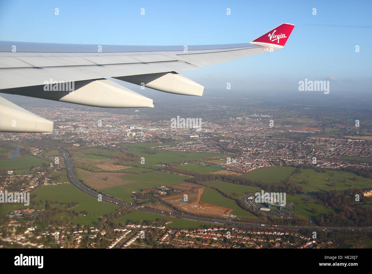 View from a Virgin plane over the Thames valley in Henley-on-Thames, UK Stock Photo