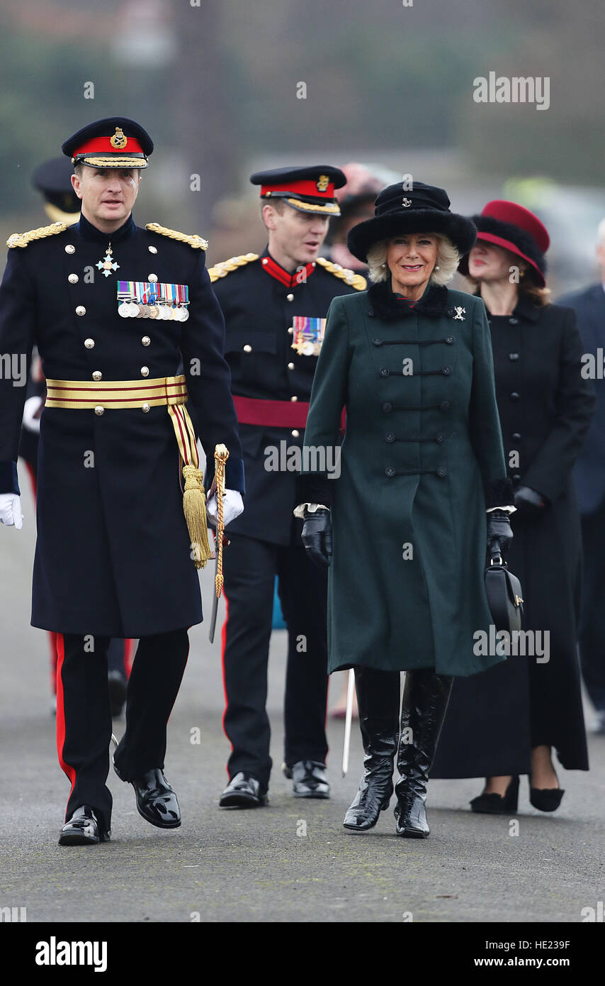 The Duchess of Cornwall at the Royal Military Academy, Sandhurst, Berkshire, where she will represent Queen Elizabeth II at the Sovereign's Parade, which is held at the end of each term at Sandhurst and marks the passing out of Officer Cadets who have completed their Commissioning Course. Stock Photo