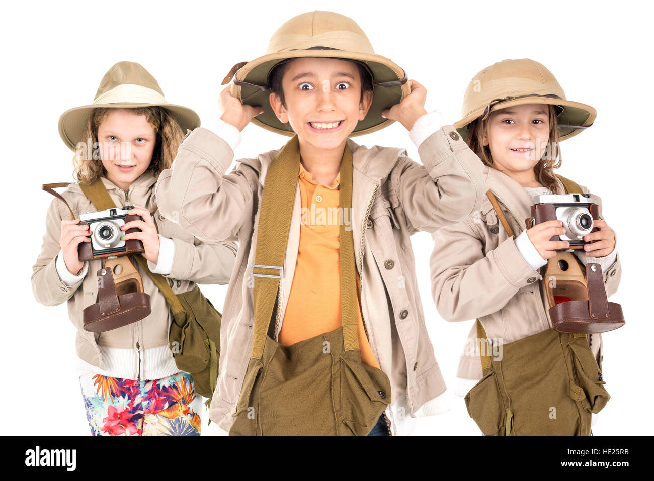 https://c8.alamy.com/comp/HE25RB/group-of-kids-having-fun-with-cameras-in-safari-clothes-HE25RB.jpg