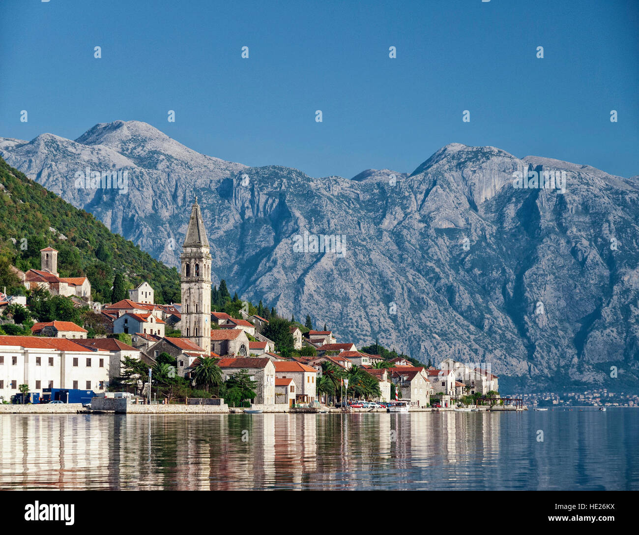 perast traditional balkan village mountain landscape by kotor bay in montenegro Stock Photo