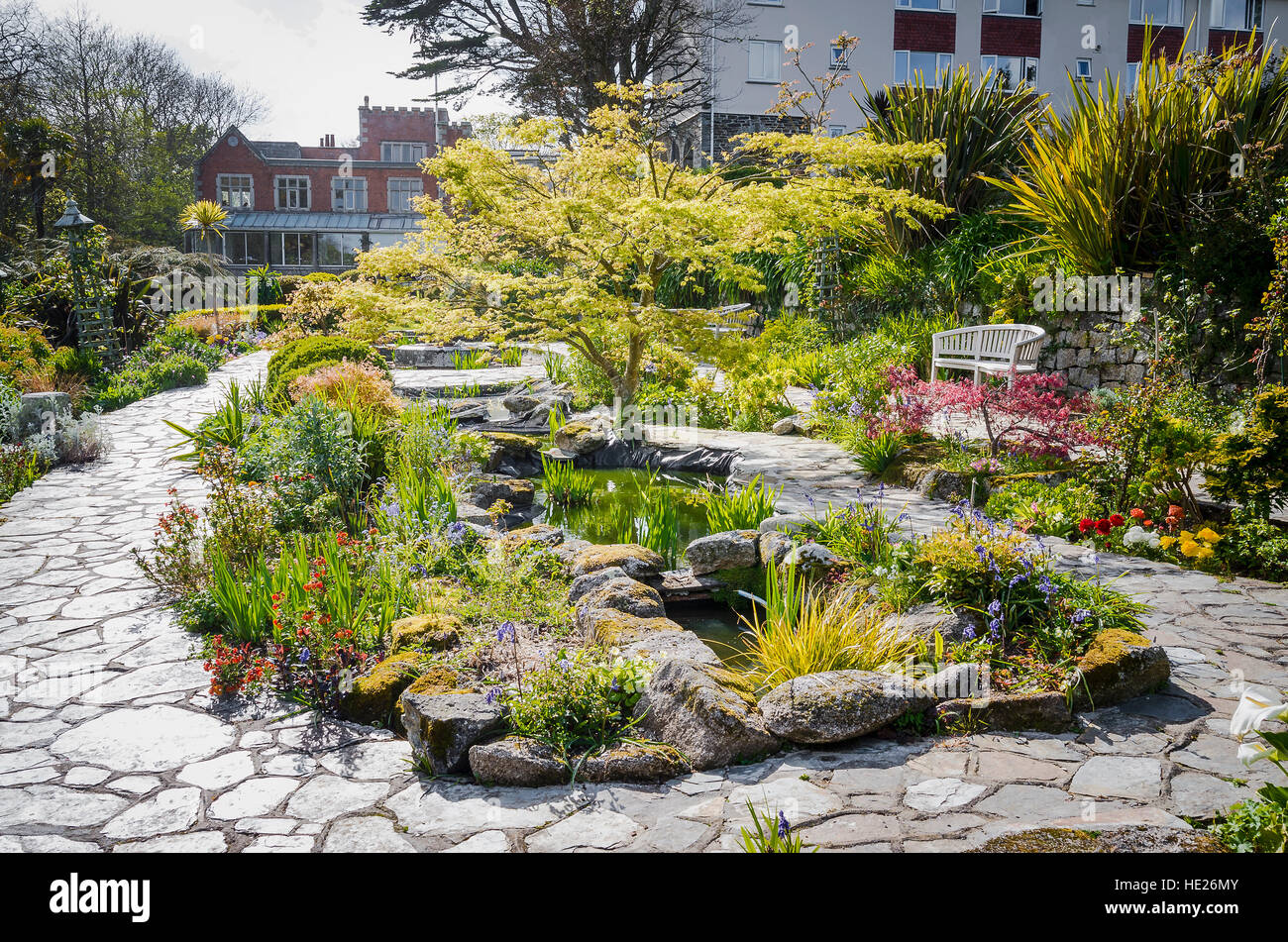 Ornamental water garden at the Meudon hotel in Cornwall UK Stock Photo