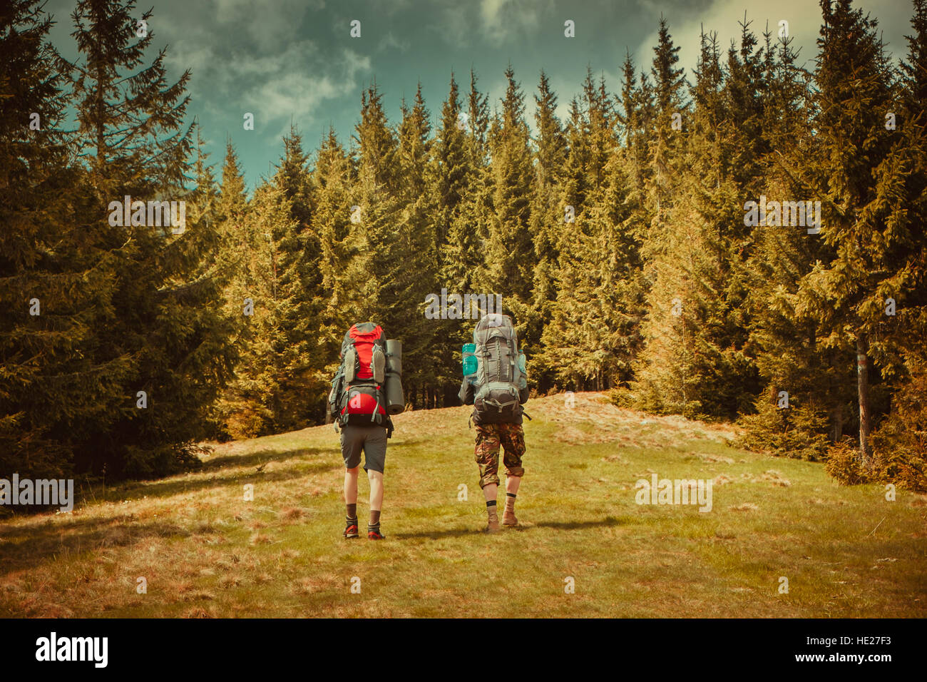 People are hiking in Carpathian mountains Stock Photo