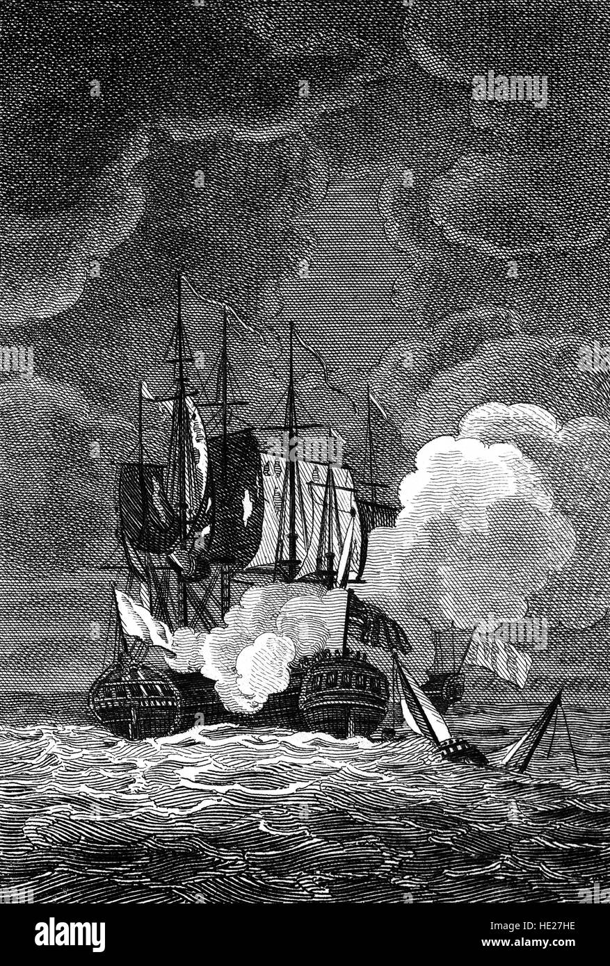 On 23 December 1756, the first year of the Seven Years' War, the British privateer 'Terrible', met the French  privateer 'Vengeance. The 'Vengeance' sailed towards the 'Terrible' under an English Ensign but hoisted the French colours when she came near and  battle commenced. Interestingly, the 'Terrible' was equipped at Execution Dock, commanded by Captain Death, Lieutenant Devil, and had a surgeon named Ghost! Stock Photo