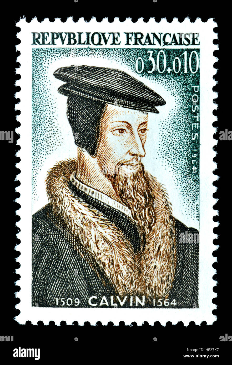 French postage stamp (1964) : John Calvin (French: Jean Calvin,  born Jehan Cauvin: 1509 – 1564) French theologian and pastor during the Protestant... Stock Photo