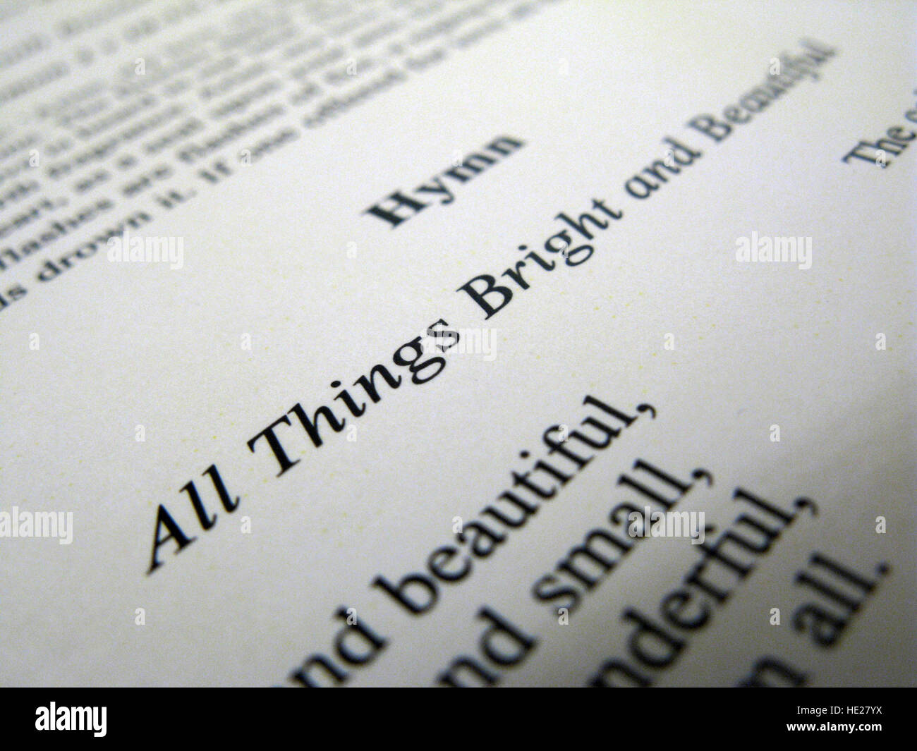 Hymn lyric all things bright and beautiful stock photo alamy