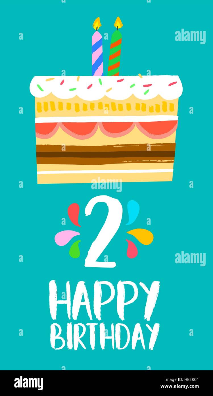 Happy birthday number 2, greeting card for two year in fun art style with cake and candles. Anniversary invitation, congratulations or celebration des Stock Vector
