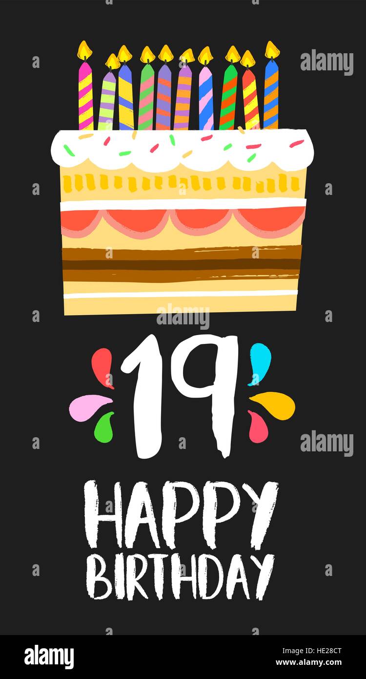 Happy birthday number 19, greeting card for nineteen years in fun art style with cake and candles. Anniversary invitation, congratulations Stock Vector