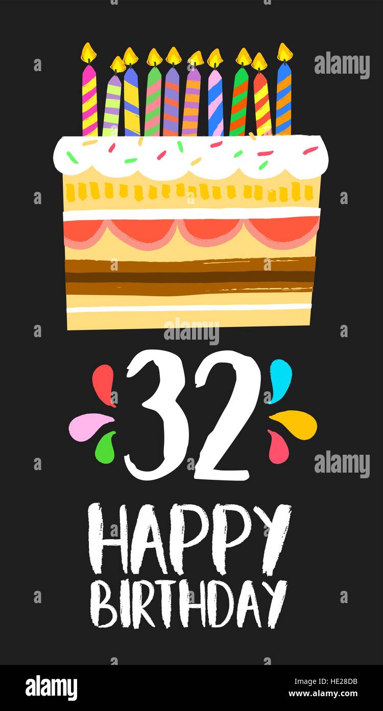 Happy birthday number 32, greeting card for thirty two years in fun art style with cake and candles. Anniversary invitation, congratulations Stock Vector