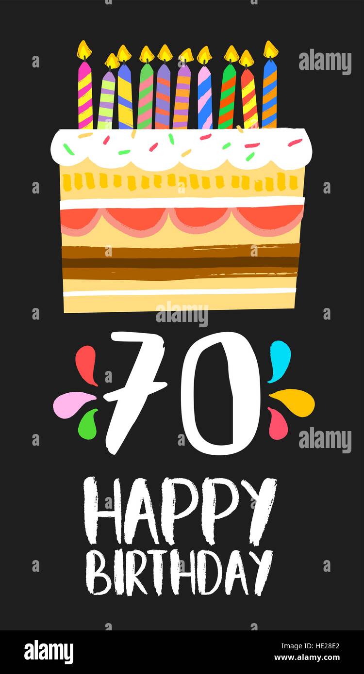 Happy birthday number 70, greeting card for seventy years in fun art style with cake and candles. Anniversary invitation, congratulation Stock Vector