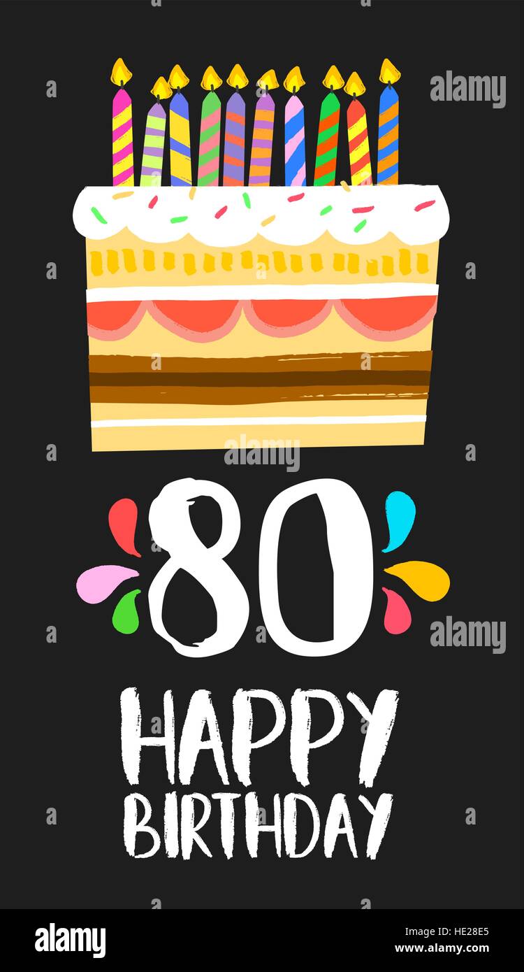 Happy birthday number 80, greeting card for eighty years in fun art style with cake and candles. Anniversary invitation, congratulations Stock Vector