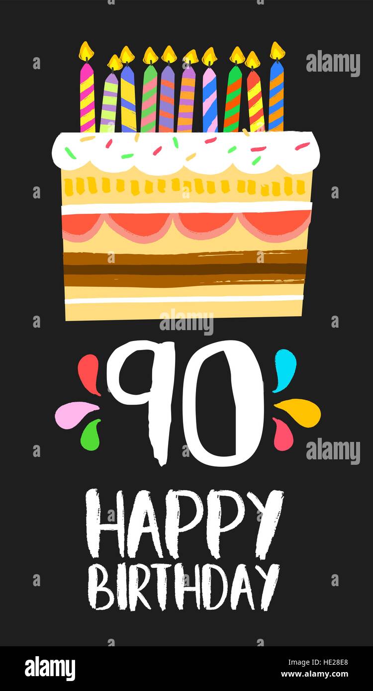 Happy birthday number 90, greeting card for ninety years in fun art style with cake and candles. Anniversary invitation, congratulations Stock Vector