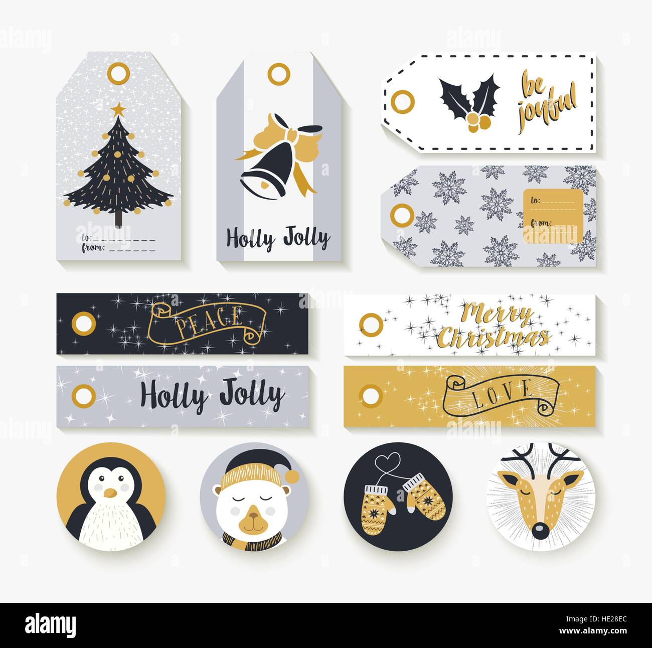 Set of vintage style christmas tags, labels and badge for holiday season with cute animal winter decoration. EPS10 vector. Stock Vector