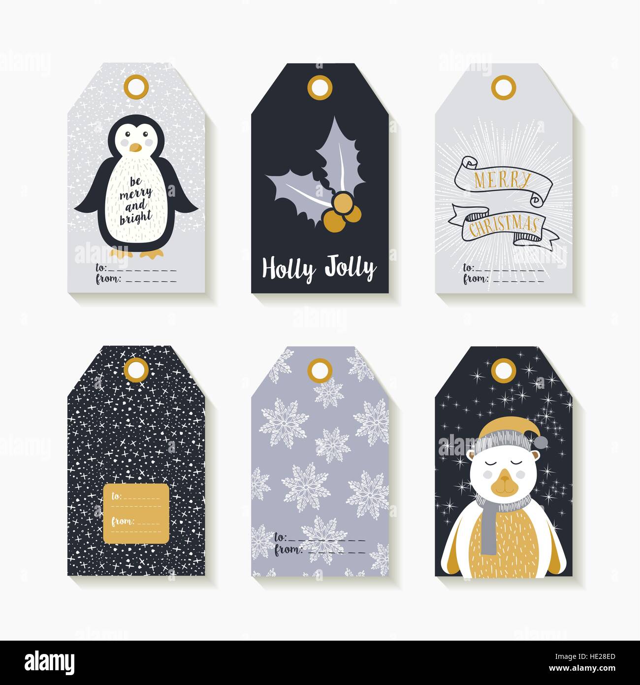 Christmas set of labels and tags in vintage style. Illustrations of cute animals and winter decoration. EPS10 vector. Stock Vector