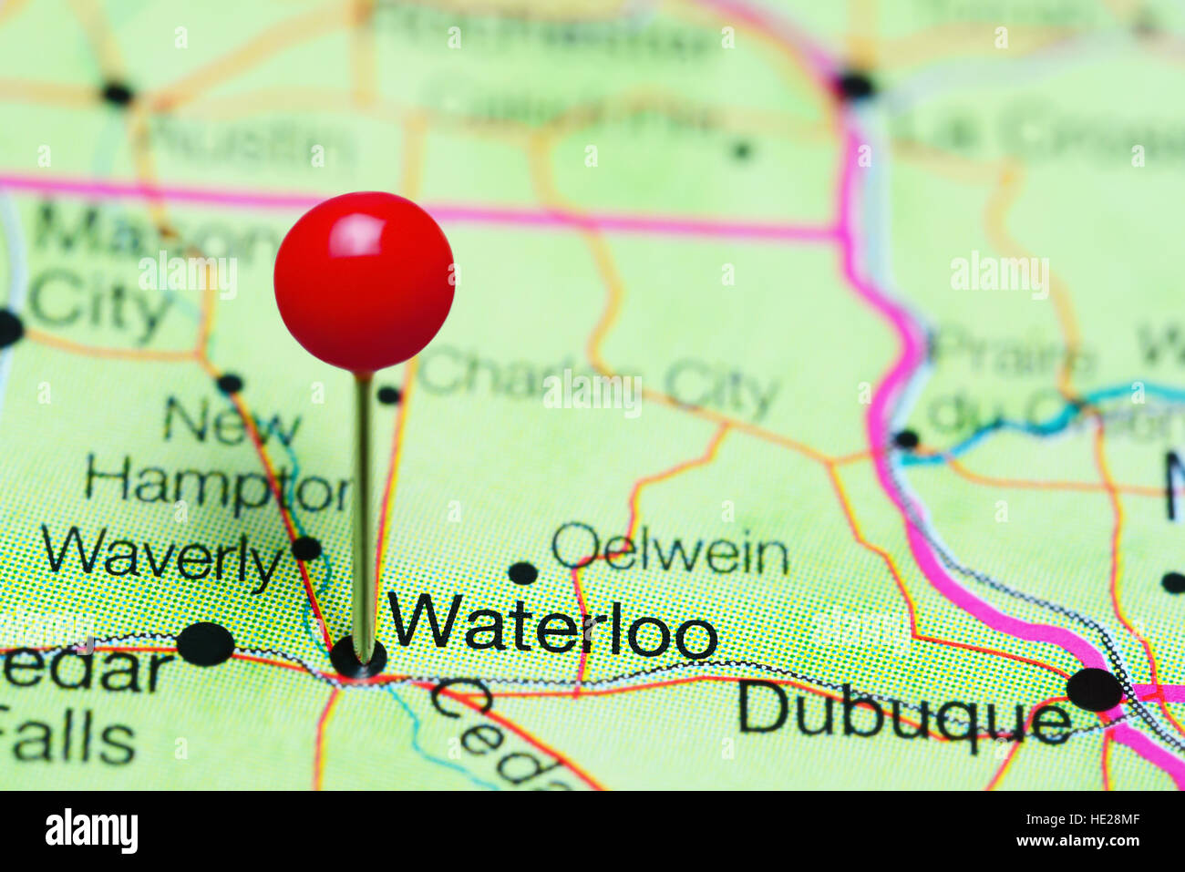 Waterloo pinned on a map of Iowa, USA Stock Photo