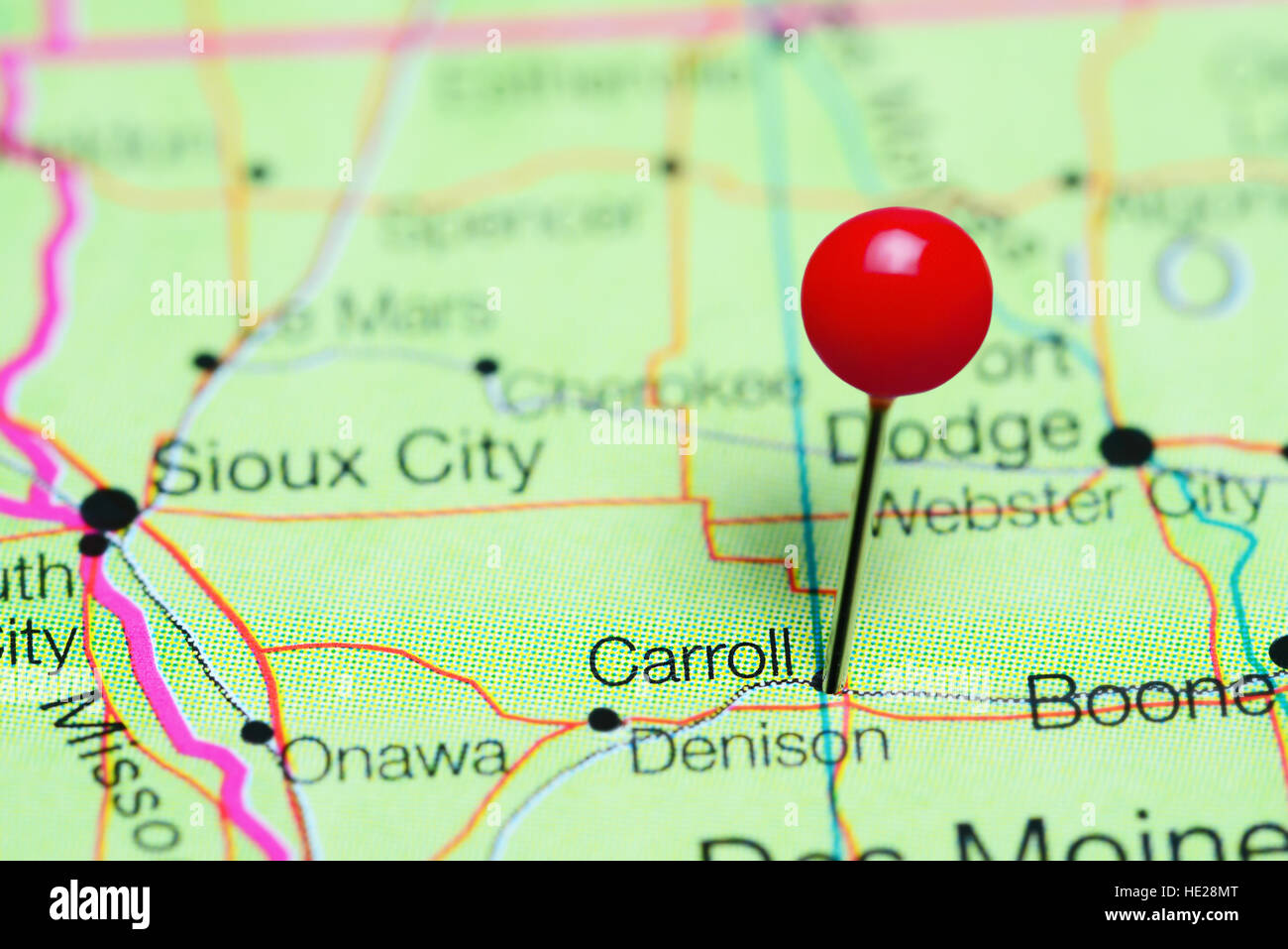 Carroll pinned on a map of Iowa, USA Stock Photo Alamy