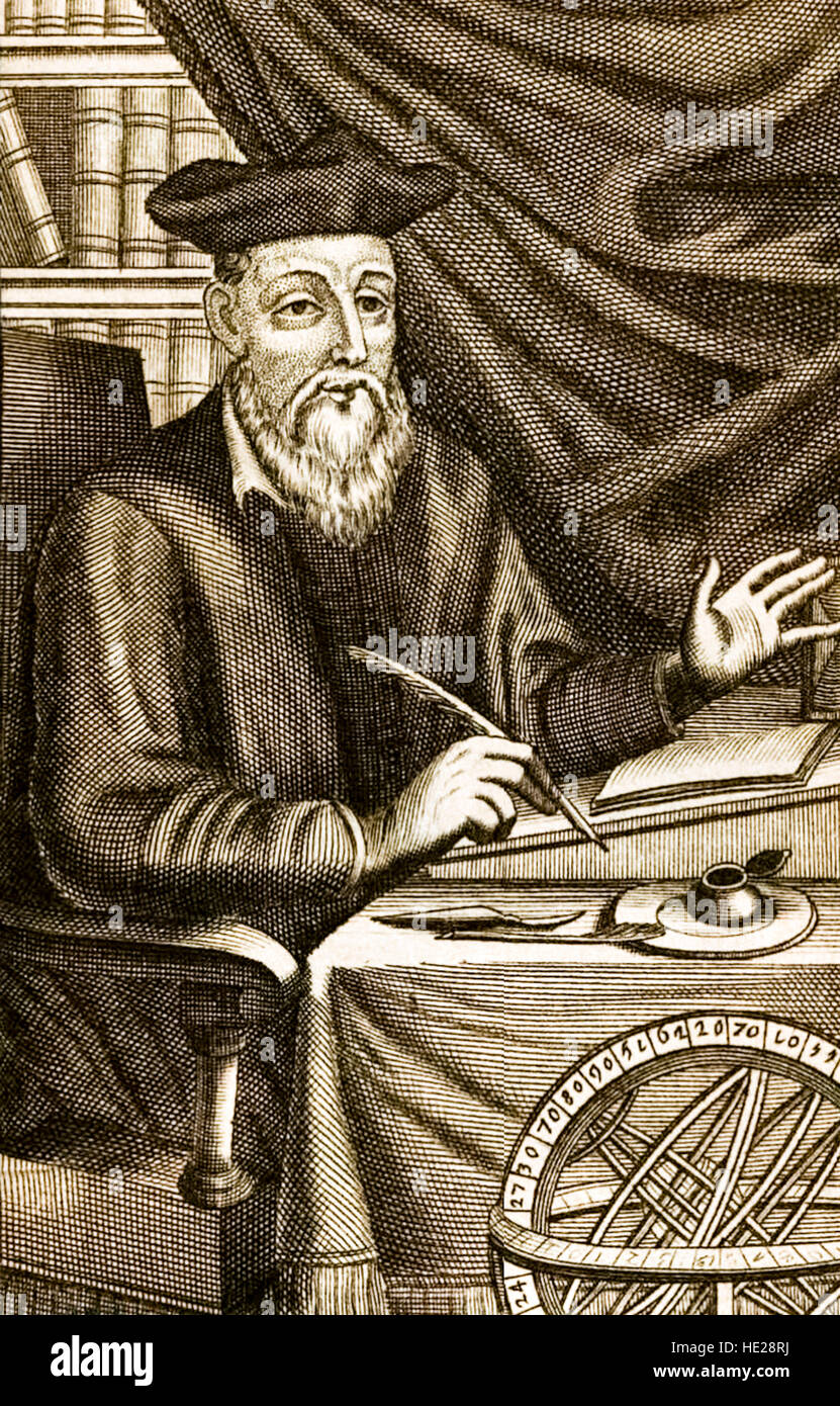 Portrait of Nostradamus (1503-1566) from a 17th century edition of his prophecies. Stock Photo