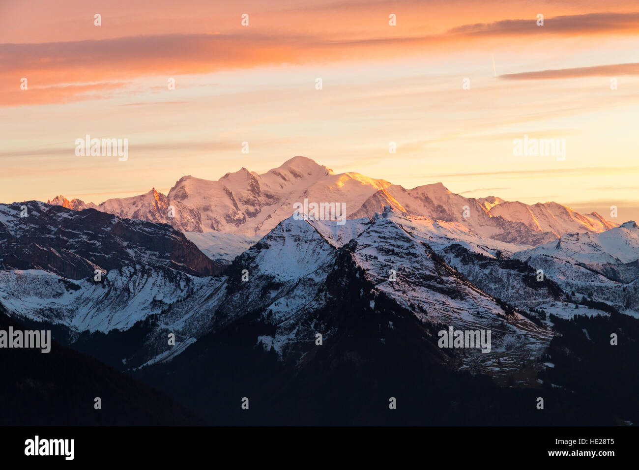 Sunset reflecting over the mountain Mont Blanc Stock Photo - Alamy