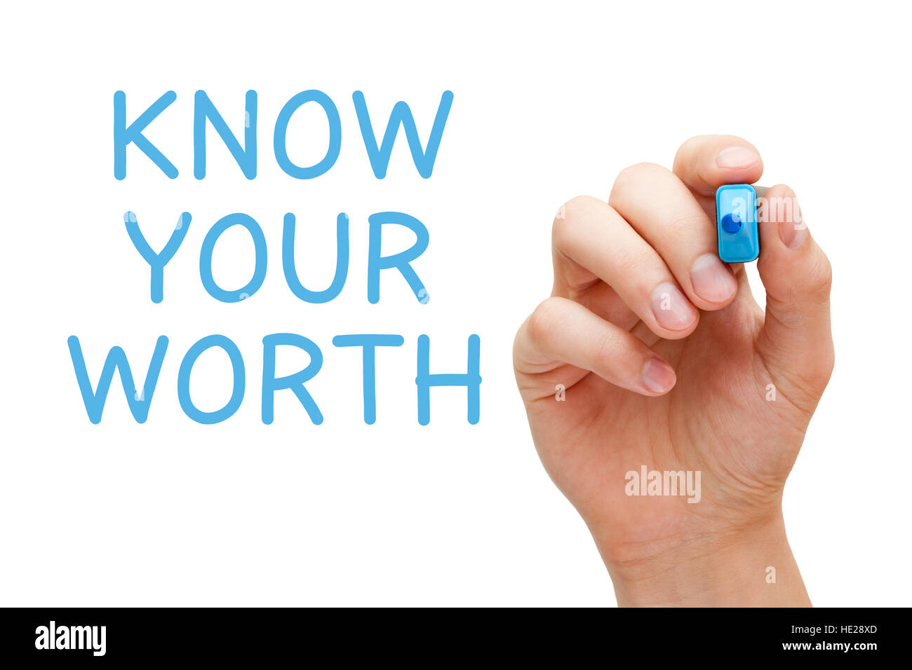 Hand writing Know Your Worth with blue marker on transparent wipe board. Stock Photo