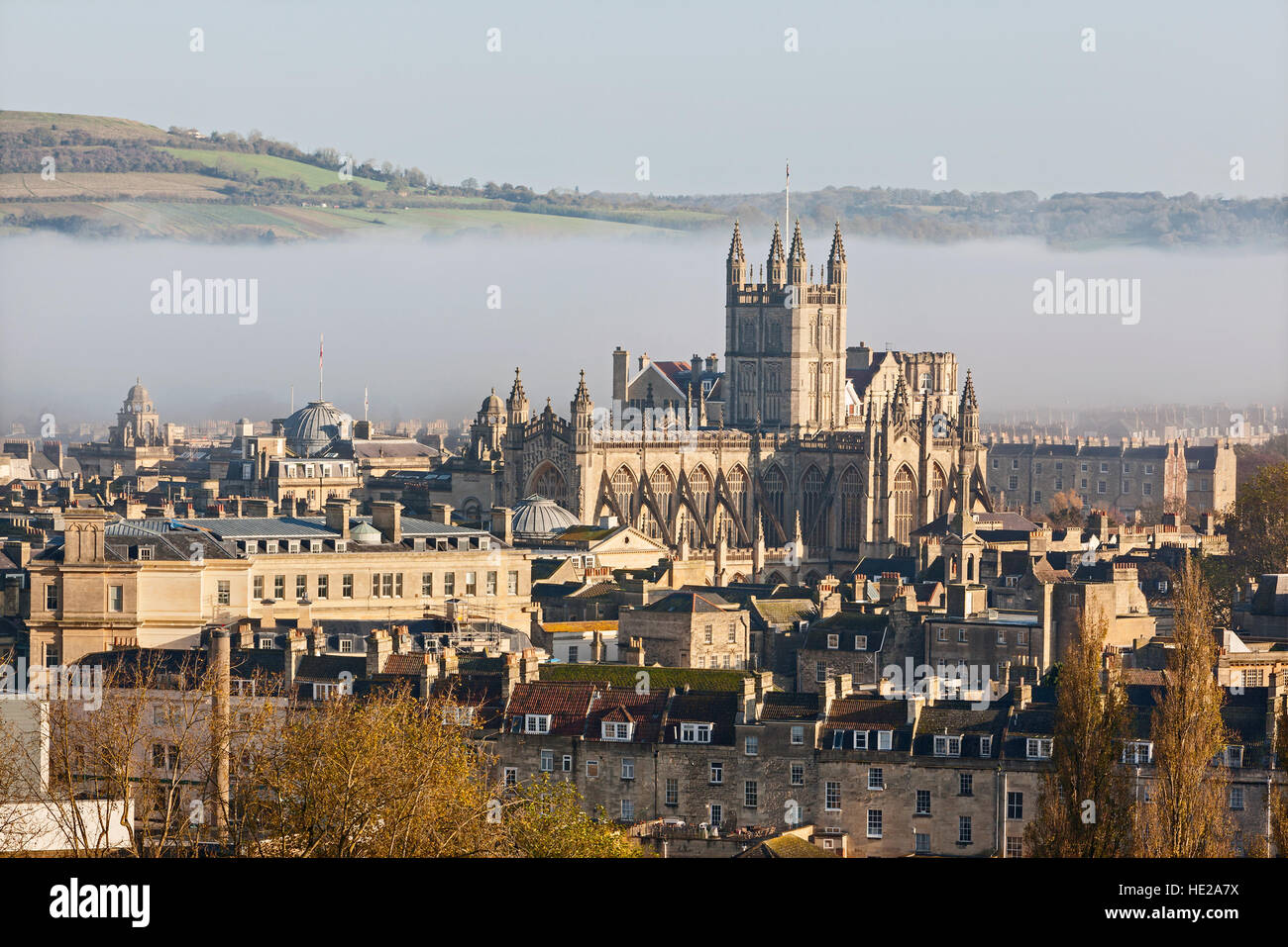 The historic city of Bath shrouded in mist on an autumn morning Stock Photo