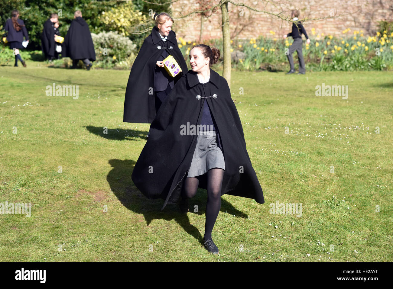Wells Cathedral choir choristers at the Easter Egg hunt after chorister duties are over at Wells Cathedral. Stock Photo
