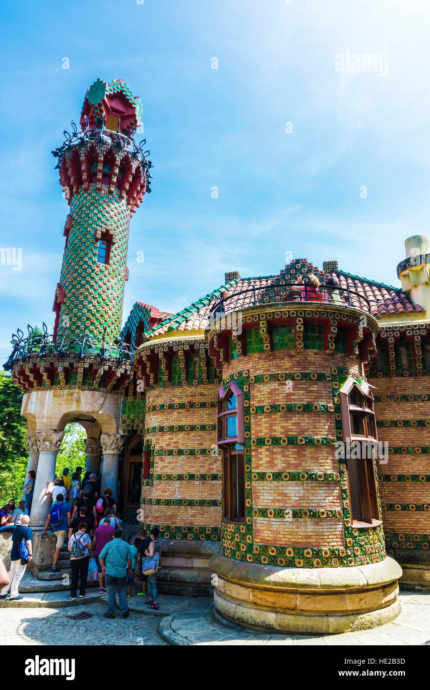 Palace of El Capricho or Villa Quijano by the architect Gaudi in modernist style with tourists in the village of Comillas Stock Photo