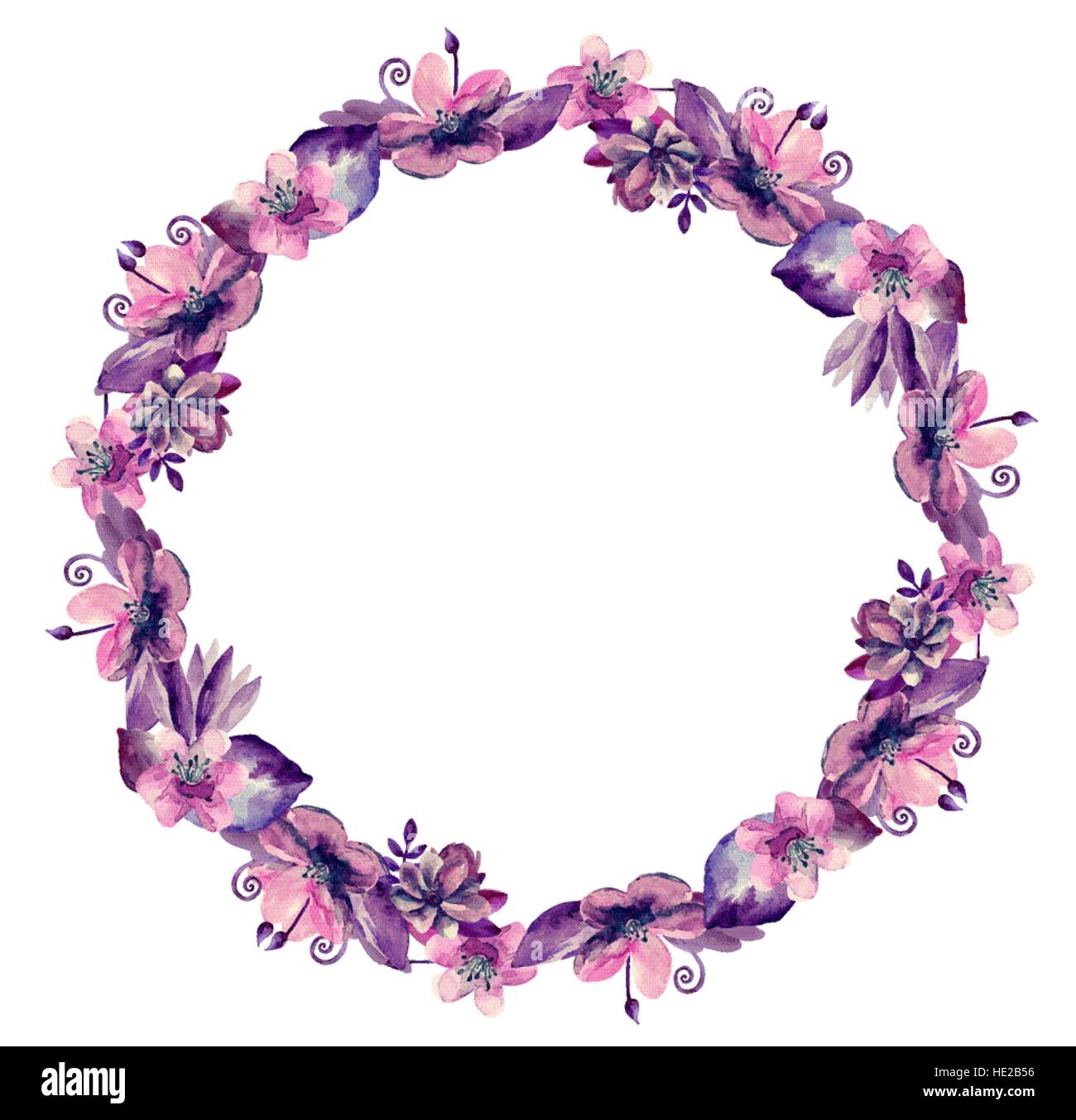 Watercolor purple and pink wreath. Flowers frame. Floral arrangement vector clip art Stock Vector