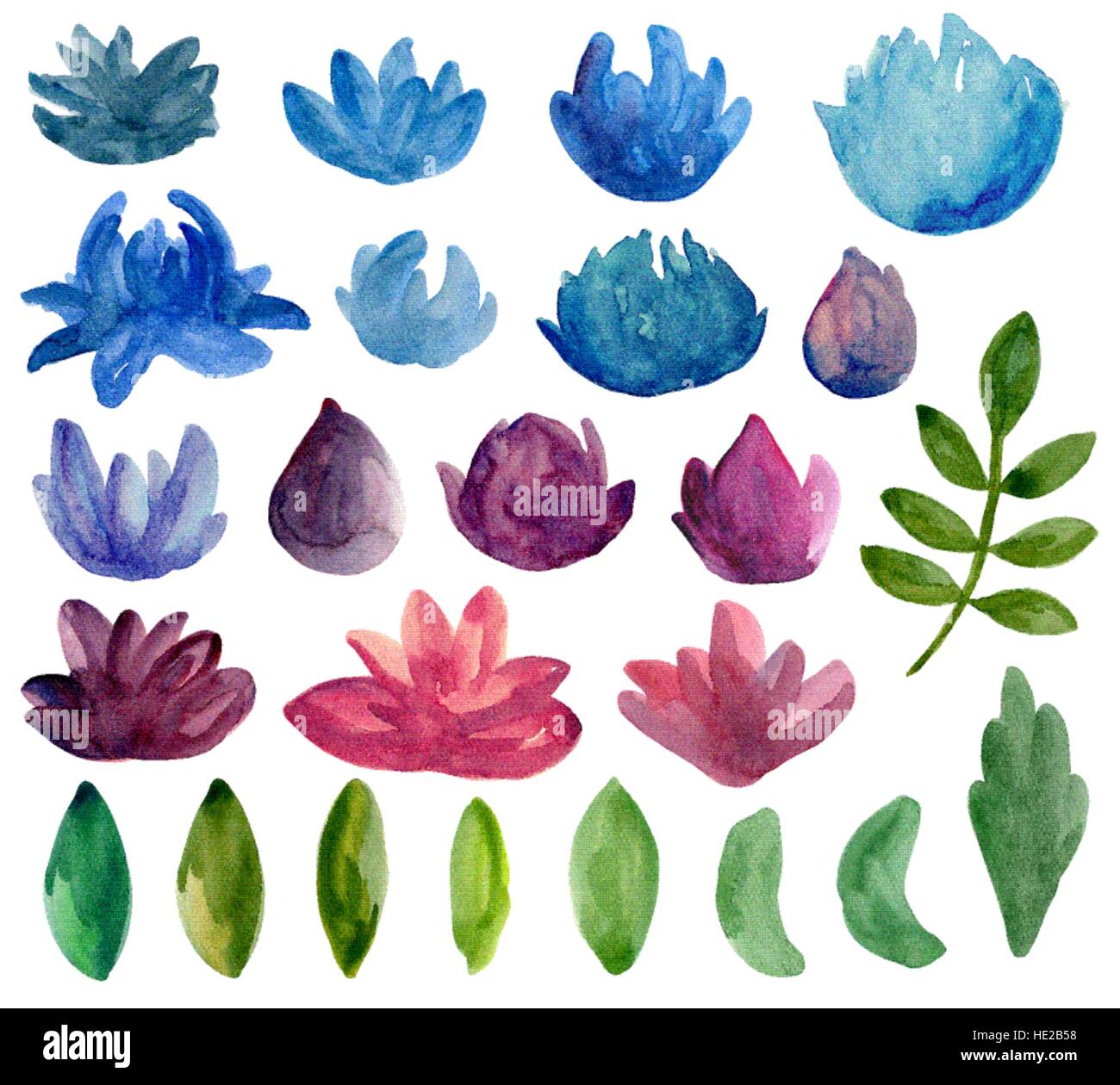 Watercolor abstract flowers vector clipart. Blue and purple floral Stock Vector