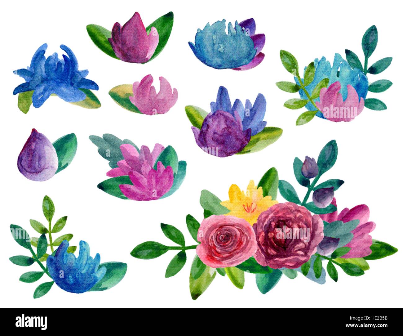Watercolor abstract flowers bouquets vector clipart. Floral arrangement isolated Stock Vector