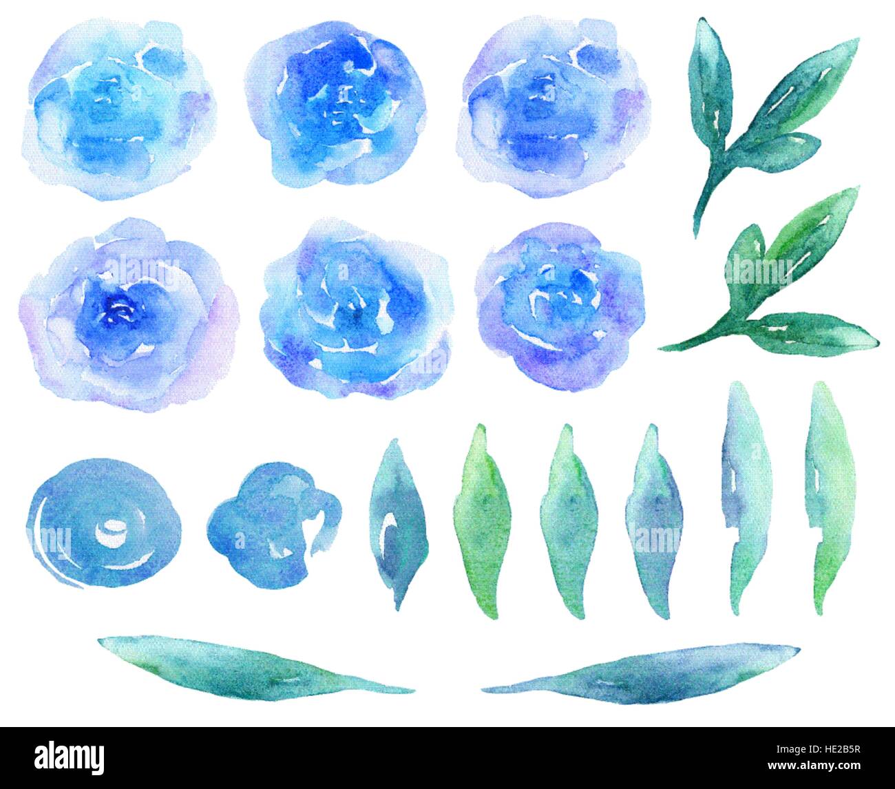 Blue watercolor flowers vector clipart. Teal abstract floral arrangement Stock Vector