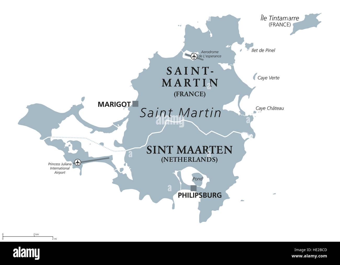 Saint Martin political map. Caribbean island with countries Saint-Martin, France and Sint Maarten, The Netherlands. Stock Photo