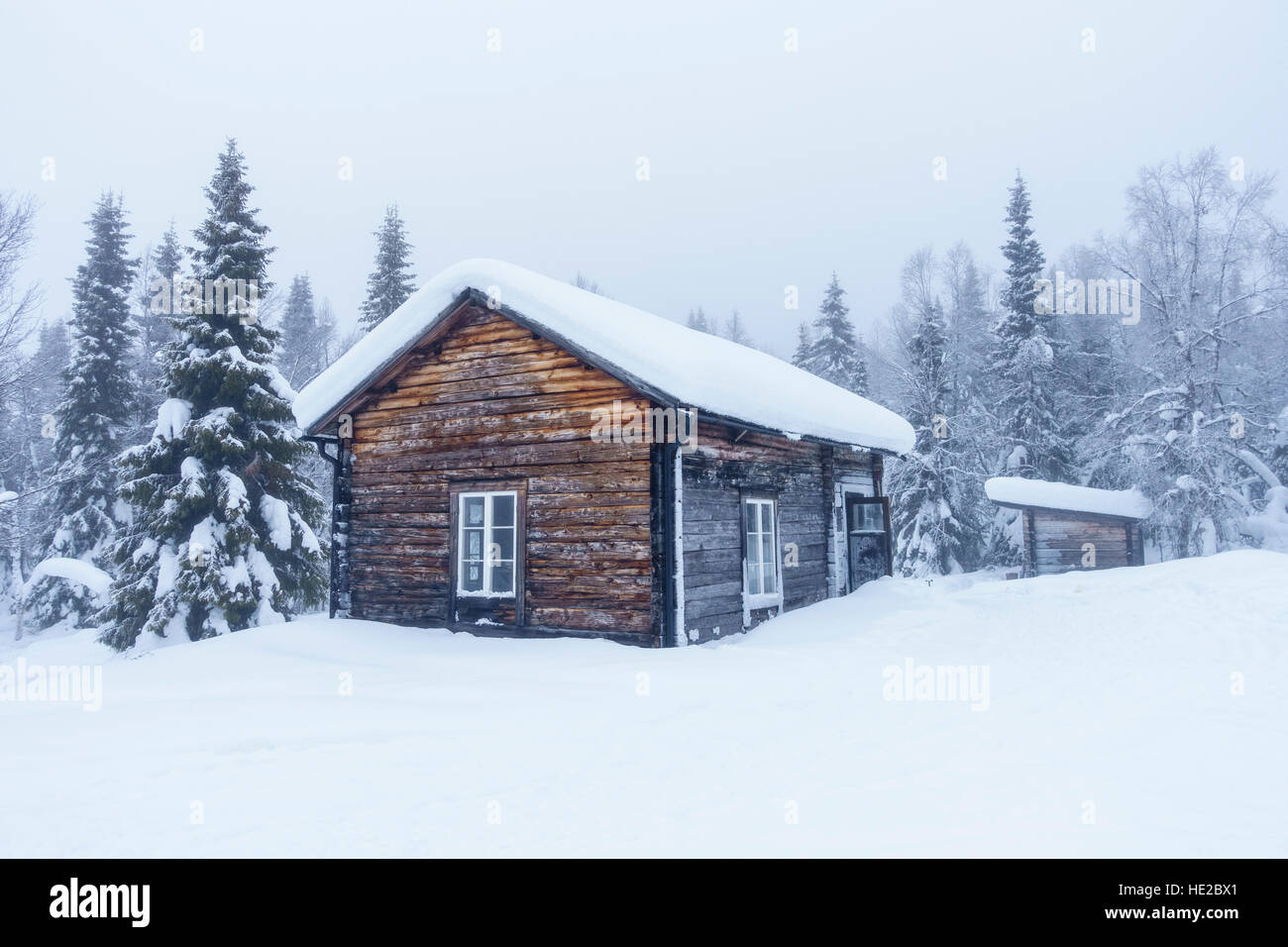 Typical Wilderness Log Cabin In Winter Snow Vindelfjallen Sweden