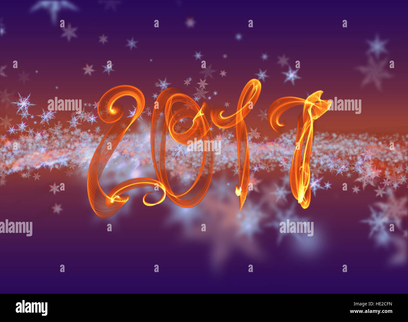 Snowflakes winter field cloud background and 2017 fire flame lettering. Happy new year, Christmas theme blurred bokeh. Stock Photo