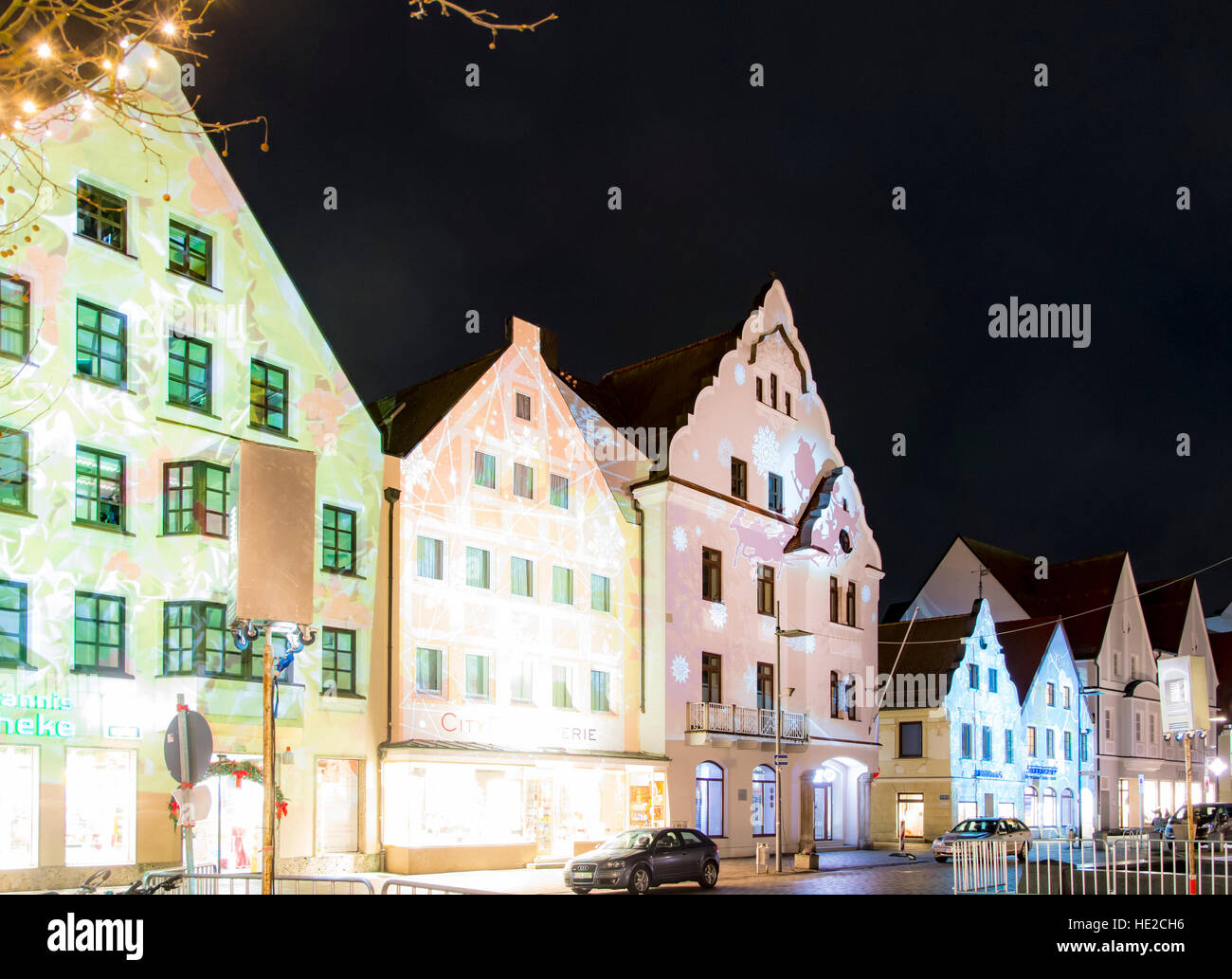 PFAFFENHOFEN, GERMANY DEZEMBER 11 Illuminated house facades in