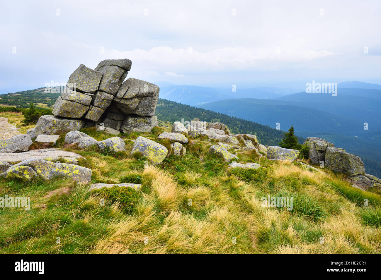Eroded stones on a mountain peak in the mountains of Krkonose, Czech Republic Stock Photo