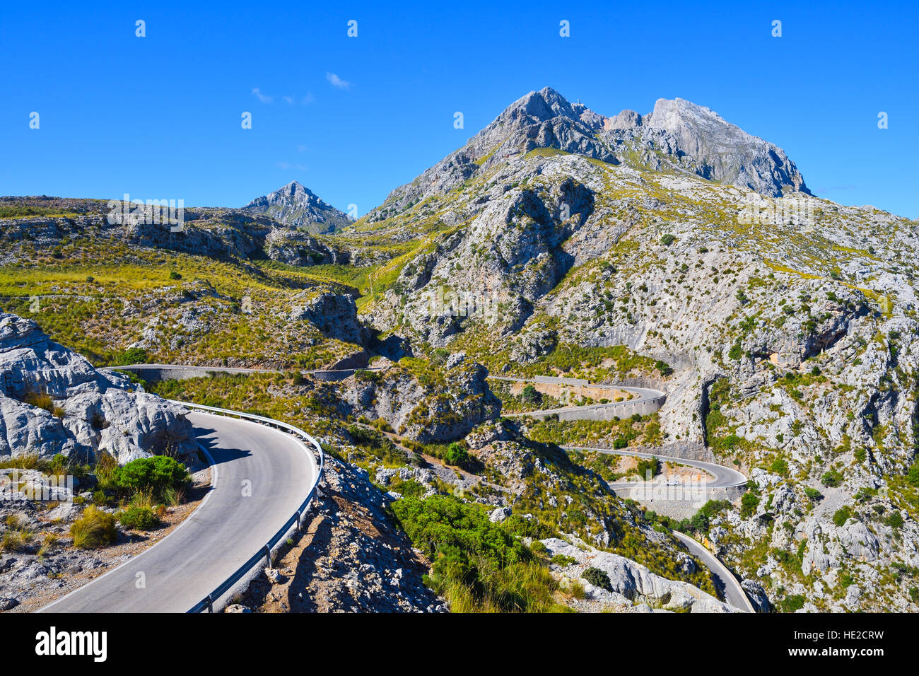 Winding narrow mountain road to Sa Calobra on the island of Majorca in Spain Stock Photo