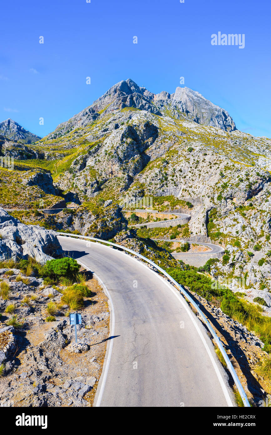 Winding road descending through mountains to Sa Calobra on the island of Majorca Stock Photo