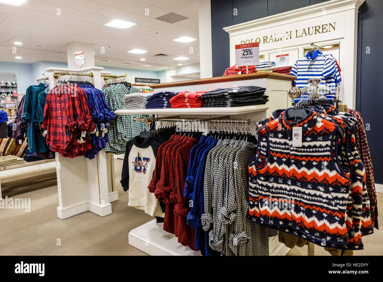 Miami Florida,Aventura Mall,Macy's,department store,interior inside,display  sale product,clothing,Polo Ralph Lauren,visitors travel traveling tour tou  Stock Photo - Alamy