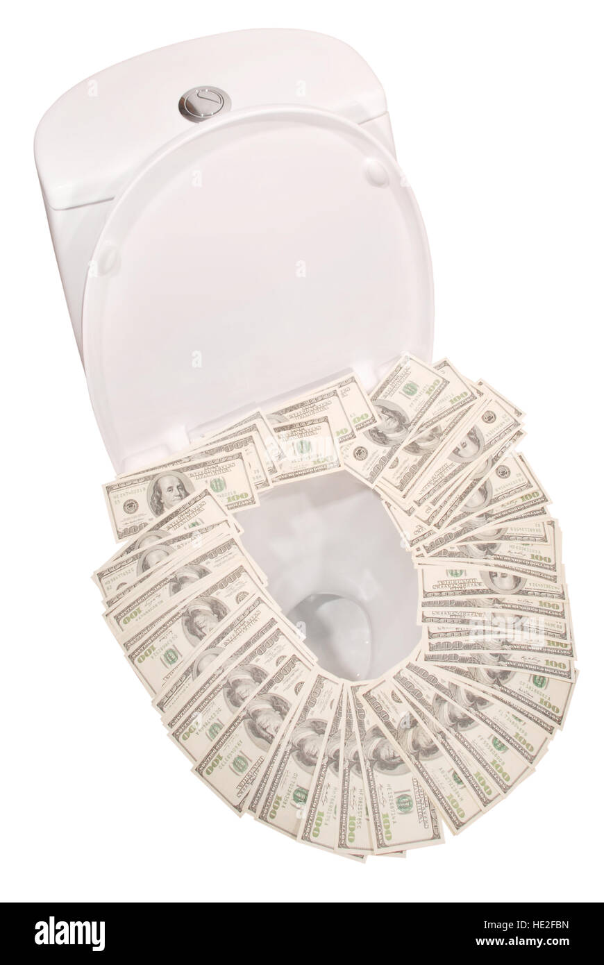 Money down the toilet bowl on white. Clipping path included Stock Photo