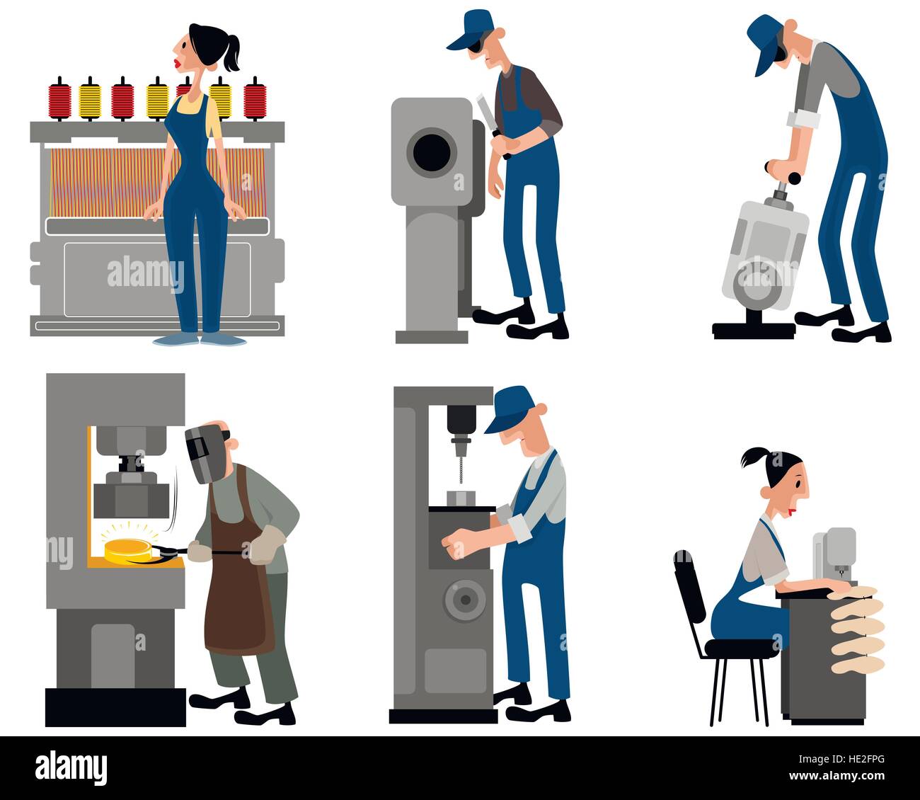 Vector illustration of a six workers with machines Stock Vector
