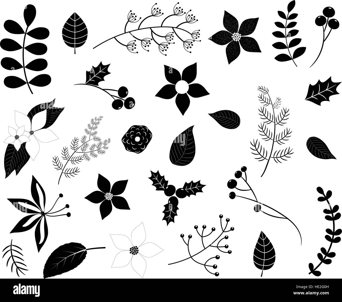 Black winter foliage silhouettes with flowers, leaves, branches and berries isolated on white Stock Vector
