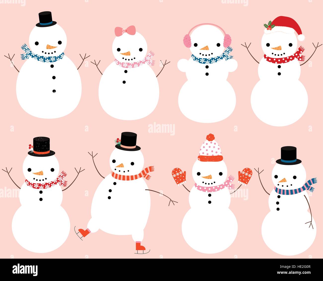 Cute snowman characters with winter scarves, hats and mittens for Christmas and New Year greeting cards and designs Stock Vector