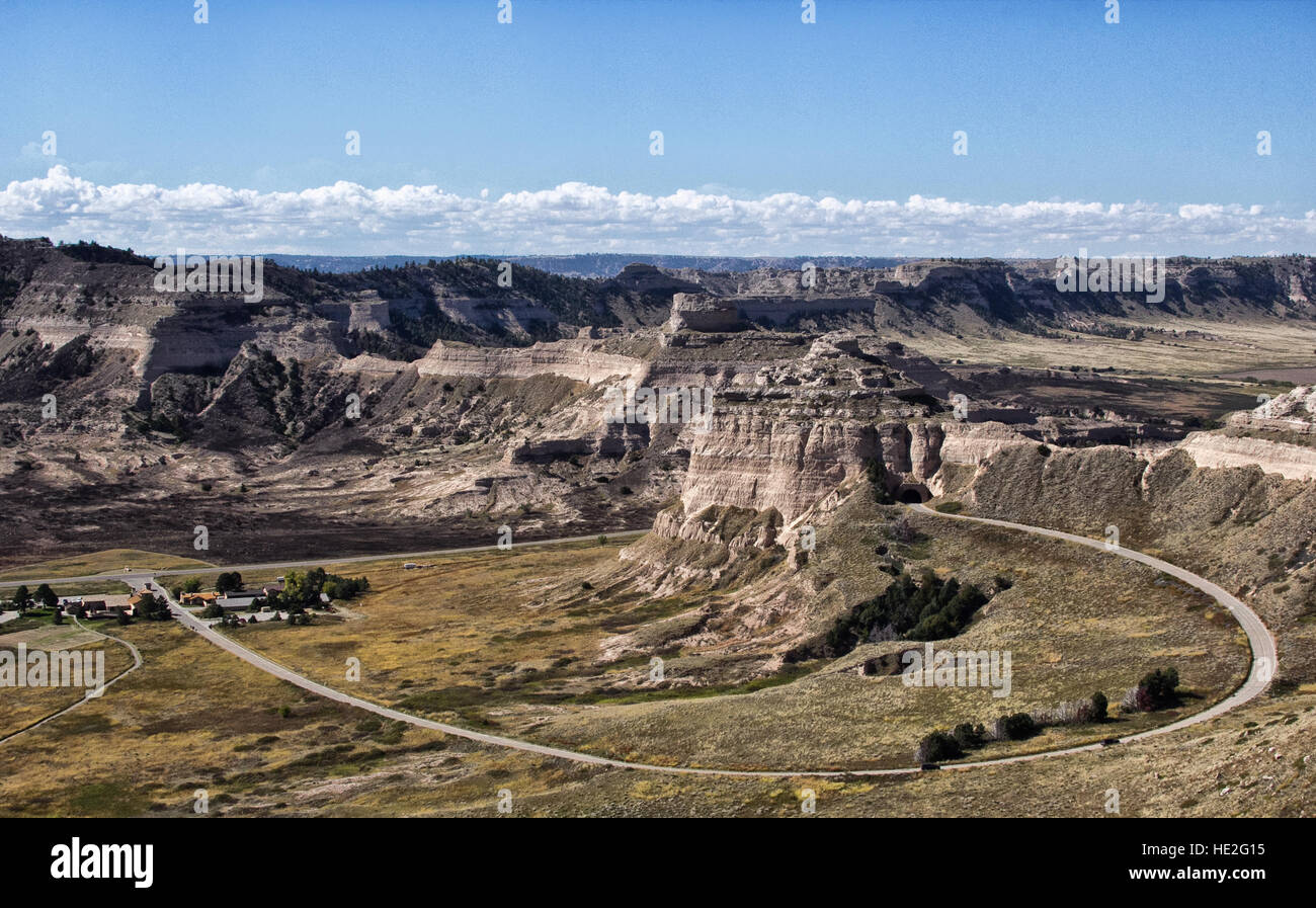 view from Scotts Bluff National Monument of the Oregon Trail and Visitor Center at Mitchell Pass in Gering Nebraska Stock Photo