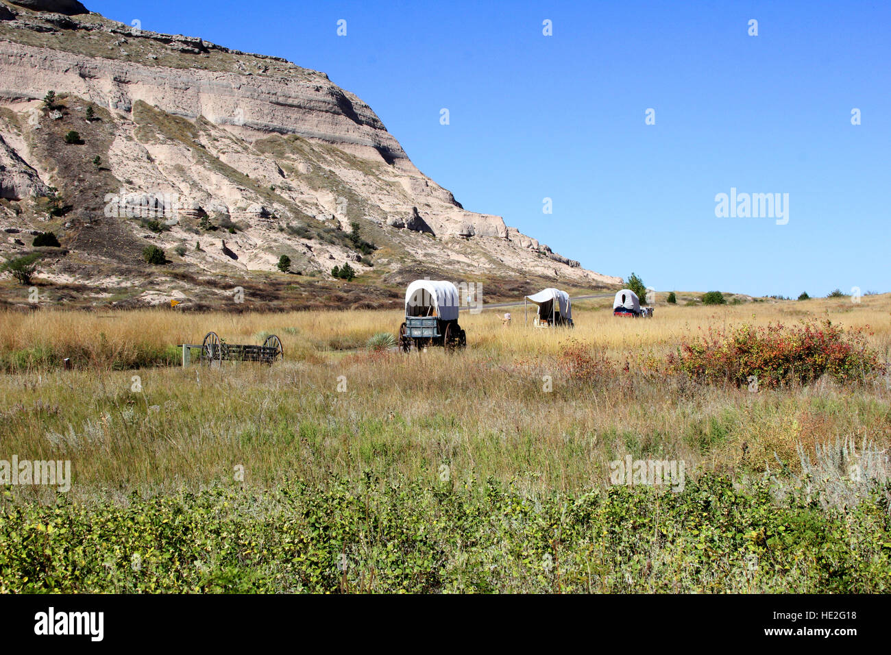 Recreated pioneer wagons at Scotts Bluff National Monument on the Oregon Trail at Mitchell Pass in western Nebraska Stock Photo