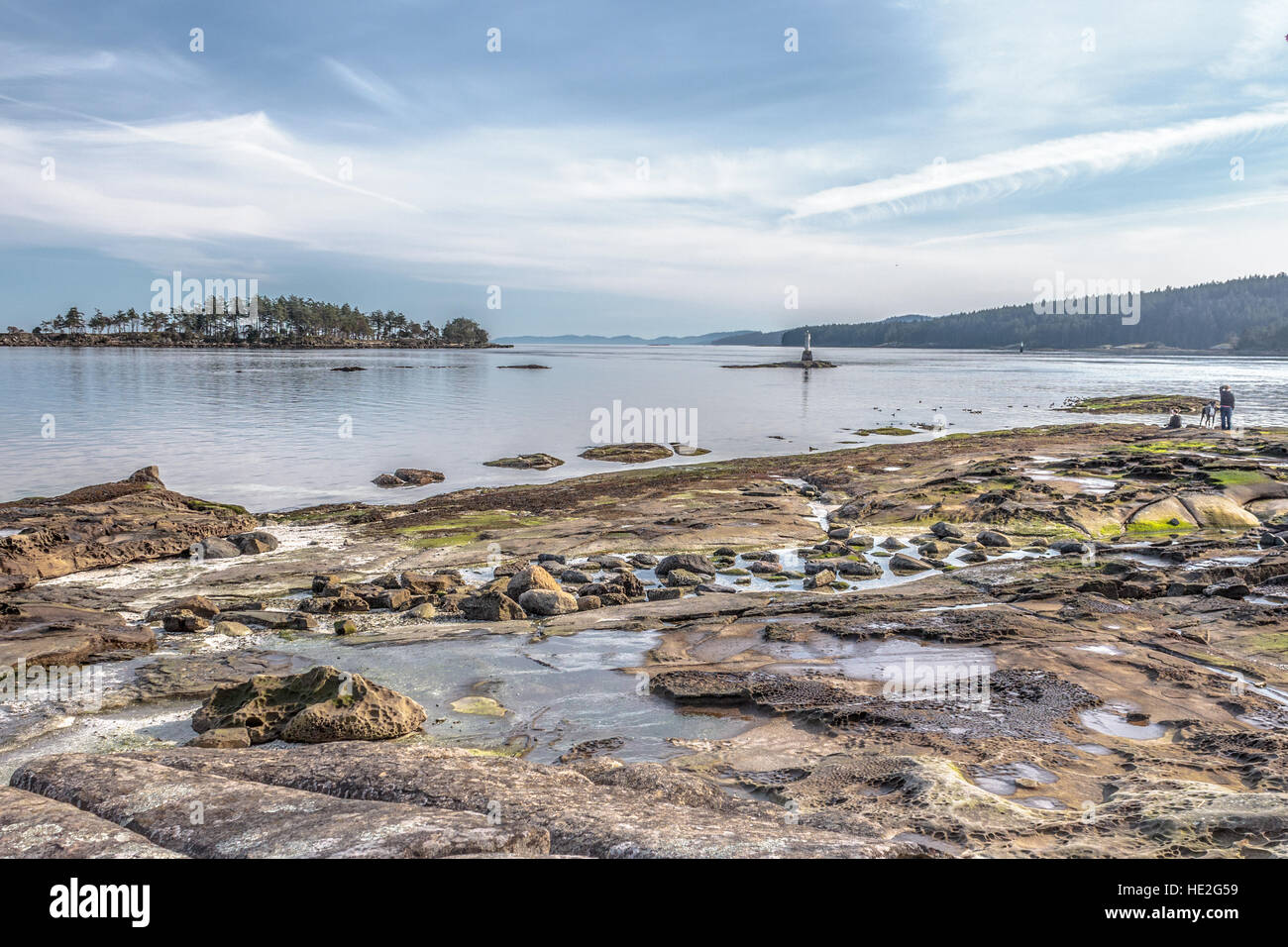 Two people and a dog, on a sunny winter day at a rocky beach at Drumbeg Provincial Park on Gabriola Island, in British Columbia's Gulf Islands. Stock Photo