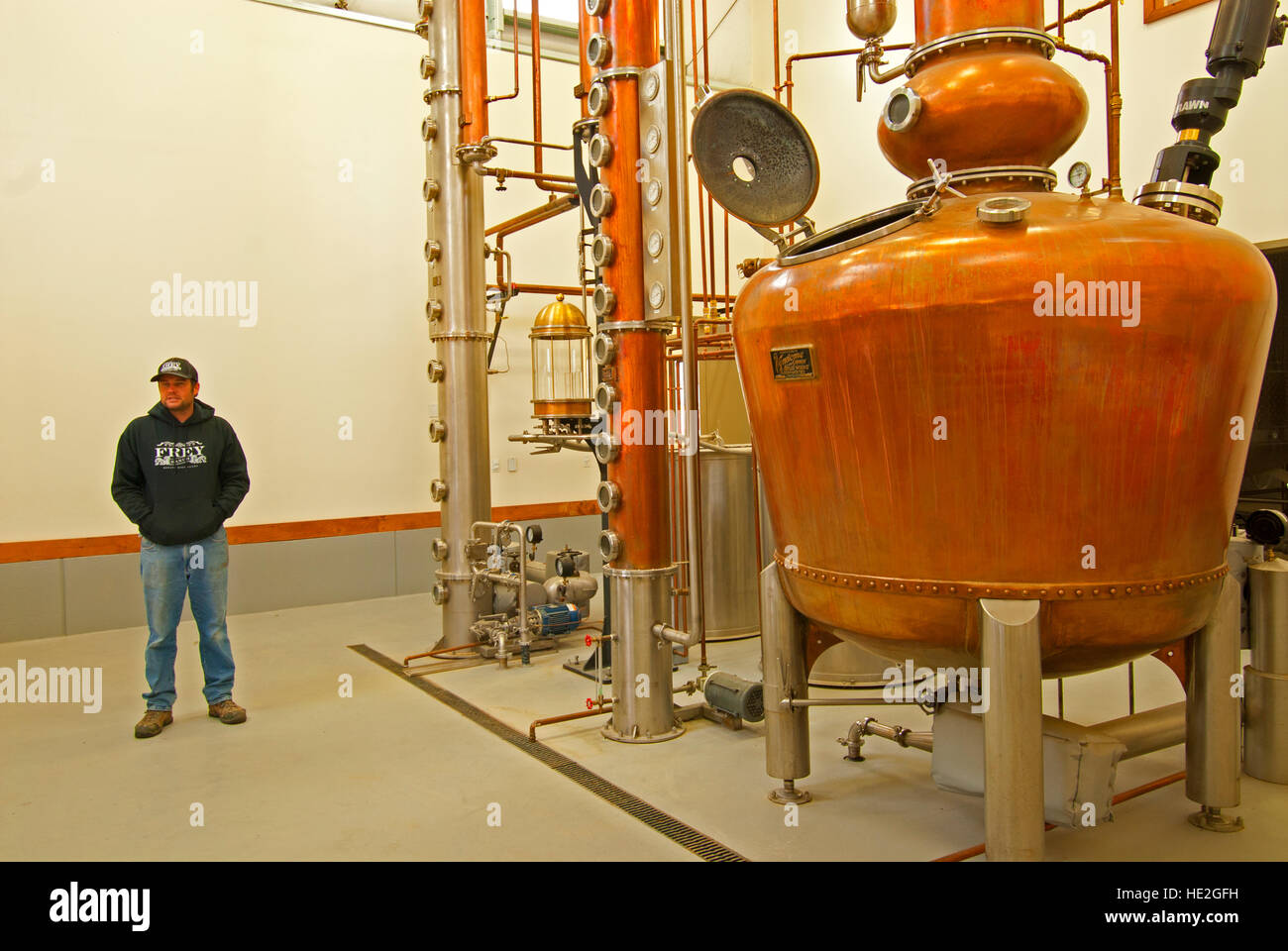 Owner Colby Frey in the still room of The Frey Ranch Estate Distillery, Fallon, Nevada Stock Photo