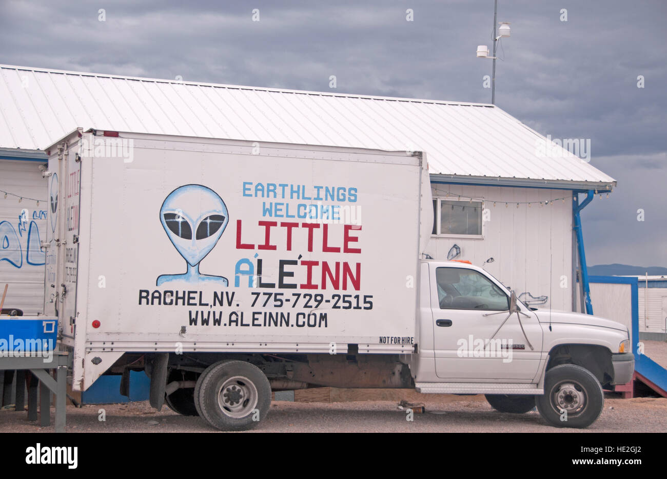 Sign on Little A'Le'Inn Restaurant, Bar and Motel truck, Rachel, Nevada Stock Photo