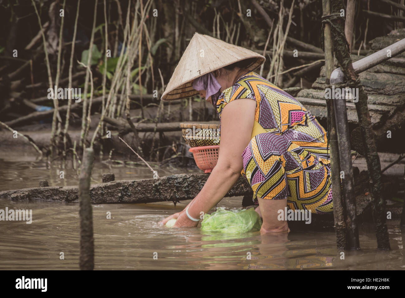 Traditional Vietnamese lady in straw hat washing food in the river Stock Photo