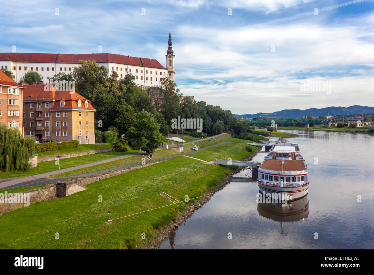 Decin, Czech baroque castle on a rock above the river Elbe, North Bohemia, Czech Republic Stock Photo