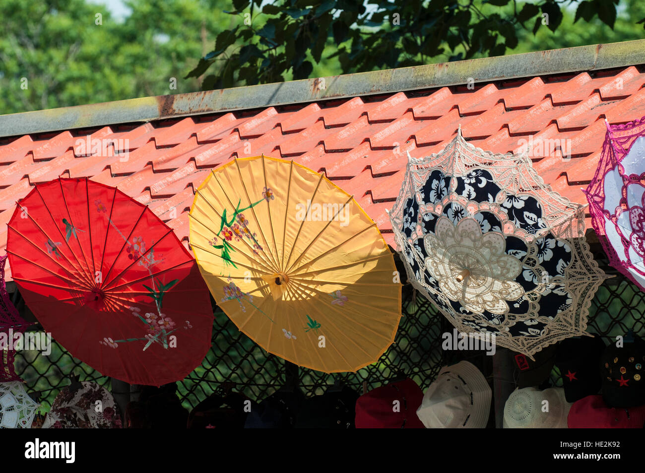 Umbrellas souvenirs at Sacred Way of Ming Tombs Changping mausoleums, Beijing, China. Stock Photo