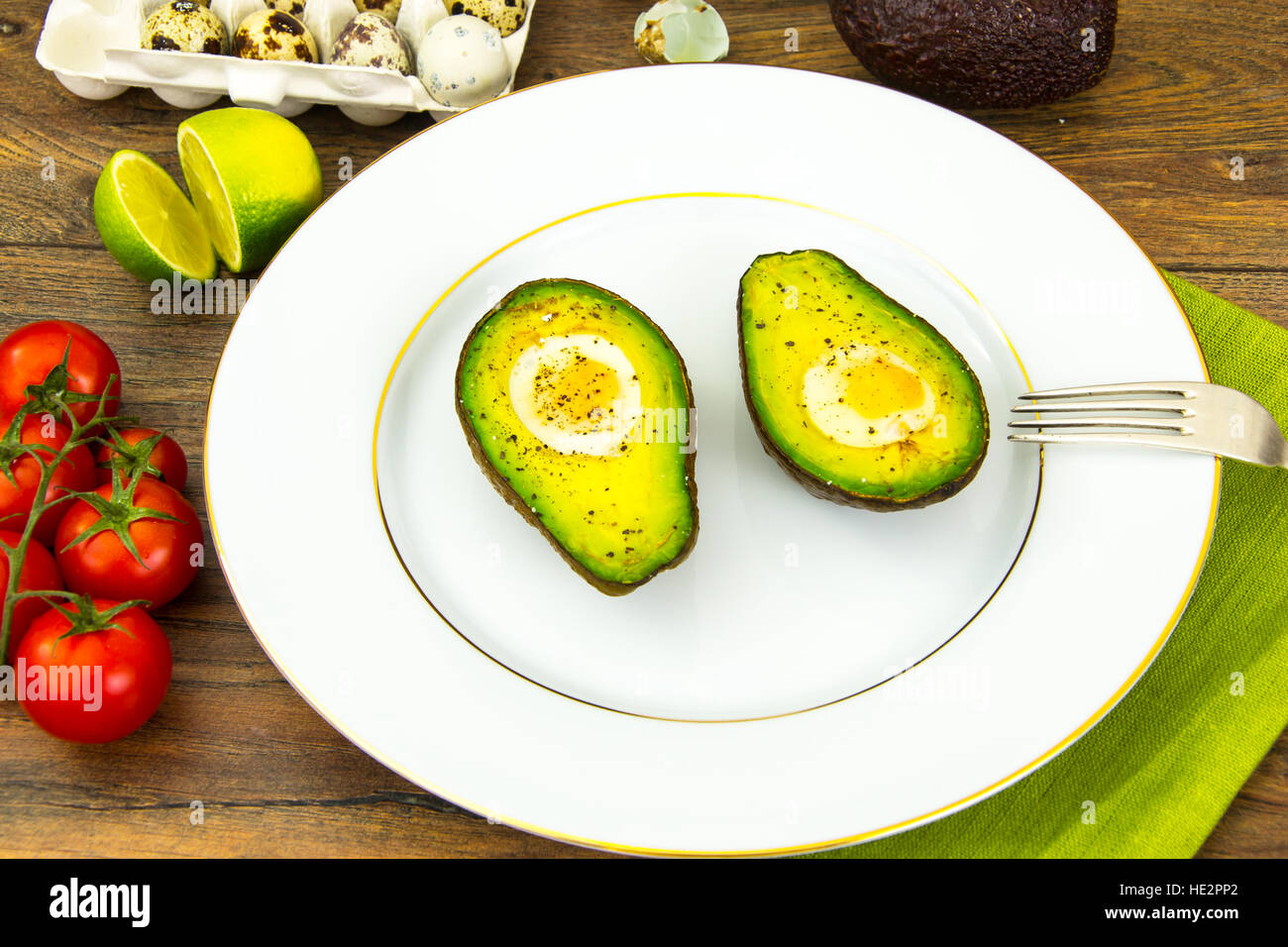 Avocados, Baked with Quail Egg, Salt, Pepper, Lemon Stock Photo Alamy